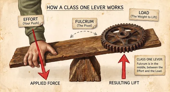 Diagram illustrating how a Class One lever works, labeling the effort, fulcrum, and load
