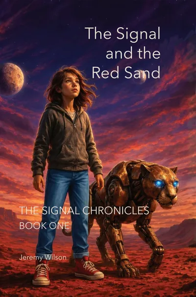Cover of The Signal and the Red Sand: Isabella stands beside Archy, a mechanical panther with glowing blue eyes, on a red desert landscape beneath two moons and a violet sky.