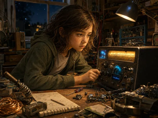 Isabella tuning an old ham radio in her garage workshop at night, surrounded by tools and spare parts