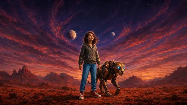 Isabella standing beside Archy, a mechanical panther with glowing blue eyes, on a red desert landscape beneath two moons