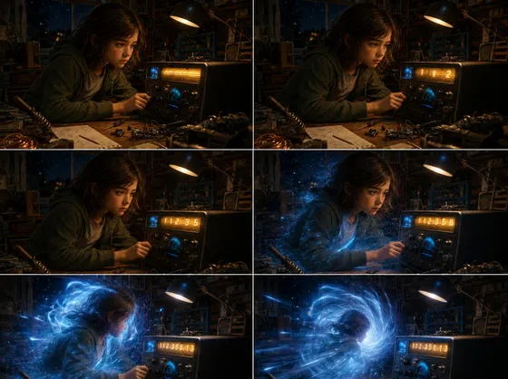 Six-panel sequence of Isabella at her ham radio as a Fibonacci-coded signal pulls her into a glowing blue vortex